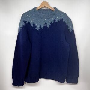 Hand Knit Starry Night Sky Wool Sweater 40/M Blue Skyline Trees Mountains Unisex